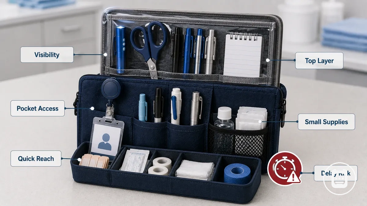 Häufig gebrauchte Pflegewerkzeuge und kleine Verbrauchsmaterialien für den Zugriff auf Taschenebene angeordnet