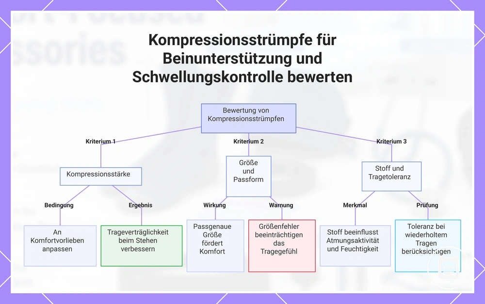 Kompressionsstrümpfe nach Unterstützung, Passform, Material und Tragtoleranz beurteilen
