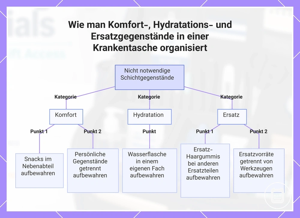 Komfort-, Trink- und Reserveartikel in einer Pflegetasche nach Zugriff und Trennung organisiert