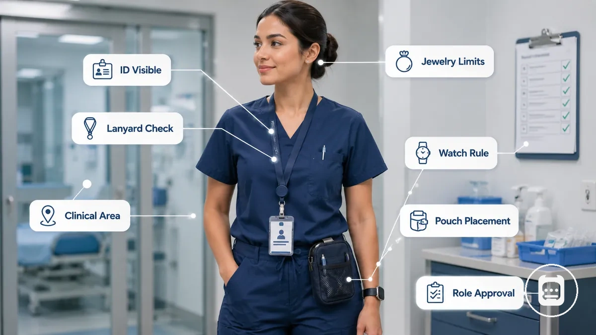 Nurse wearable accessories shown with workplace rule checks for ID, lanyard, and pouch suitability