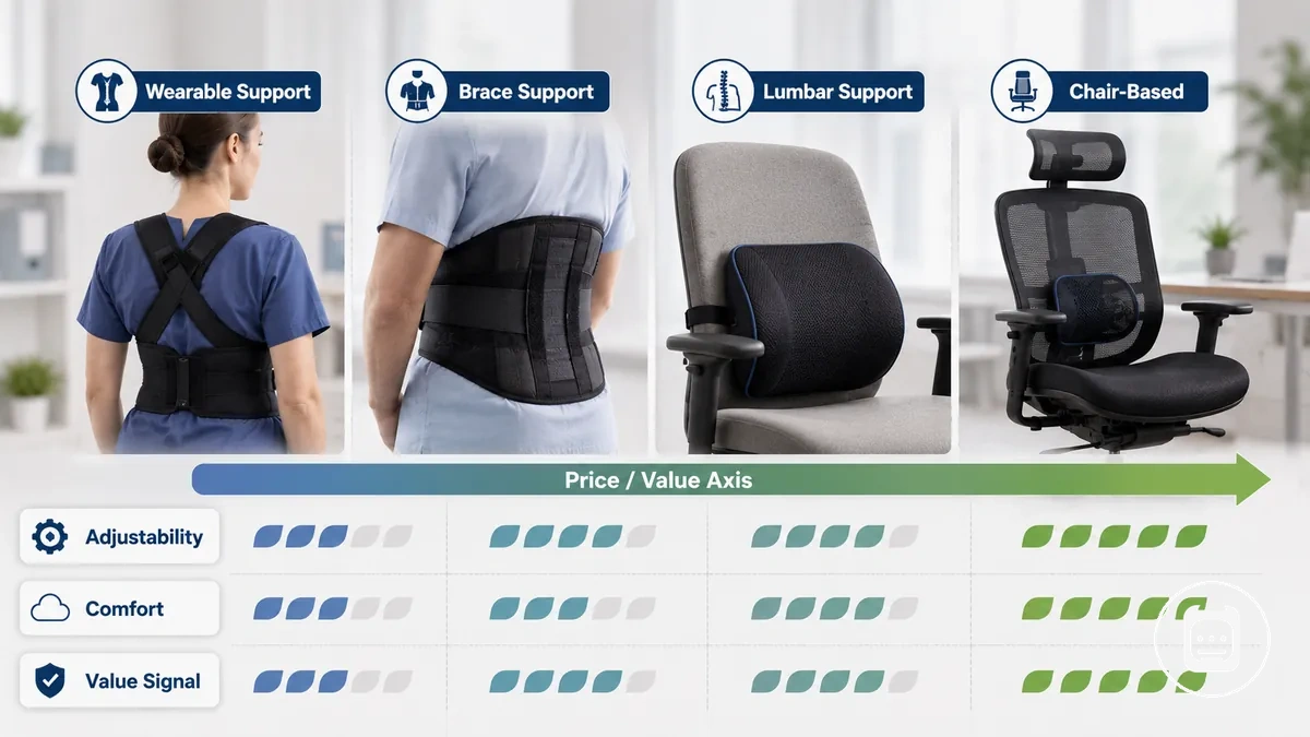 Posture support accessory types compared by price variation and value signals