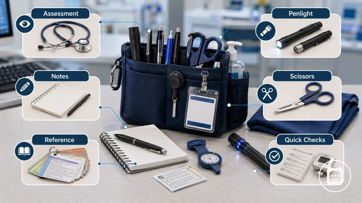 penlights, scissors, pens, notepads, and small clinical tools grouped by work-shift function