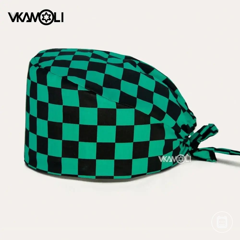 Gorro quirúrgico de algodón con estampado de cuadros verdes para quirófano