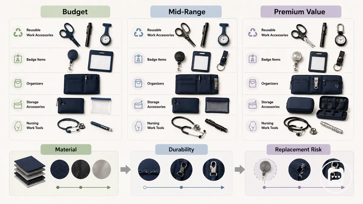 Diagrama de niveles de precio de accesorios de enfermería comunes por material, durabilidad y frecuencia de sustitución