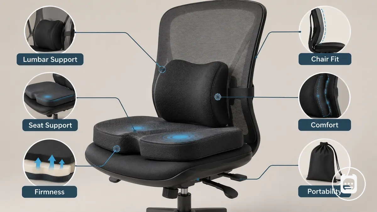 Accesorios de apoyo postural para asiento y zona lumbar mostrados en una silla con indicaciones de colocación