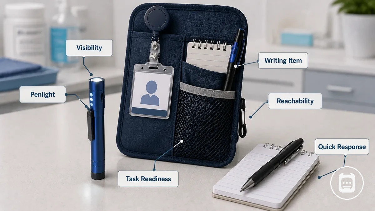 Linterna de bolsillo y material de escritura accesible dispuestos para preparación de evaluación y apoyo a respuesta rápida