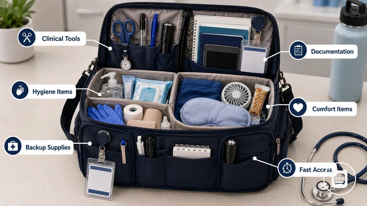 Básicos de la bolsa de enfermería agrupados por categoría de uso para la preparación de turnos