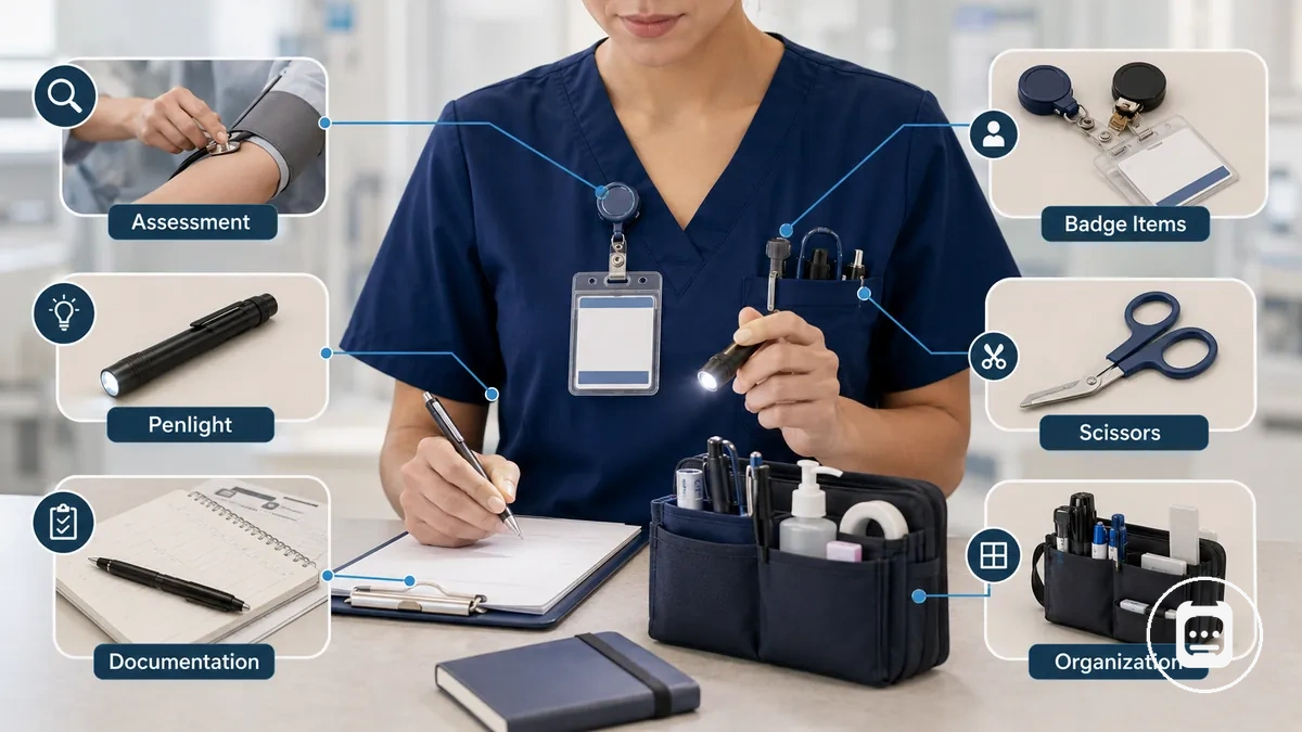 herramientas de enfermería agrupadas que incluyen herramientas de evaluación, artículos de documentación, artículos para placa identificativa, linterna pequeña y tijeras utilizadas durante la atención al paciente