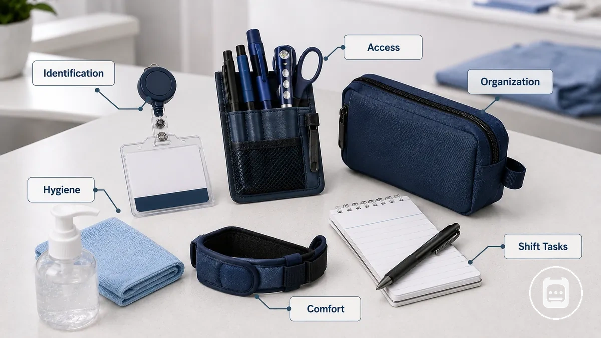 Accessoires de soins infirmiers courants organisés pour les tâches de quart