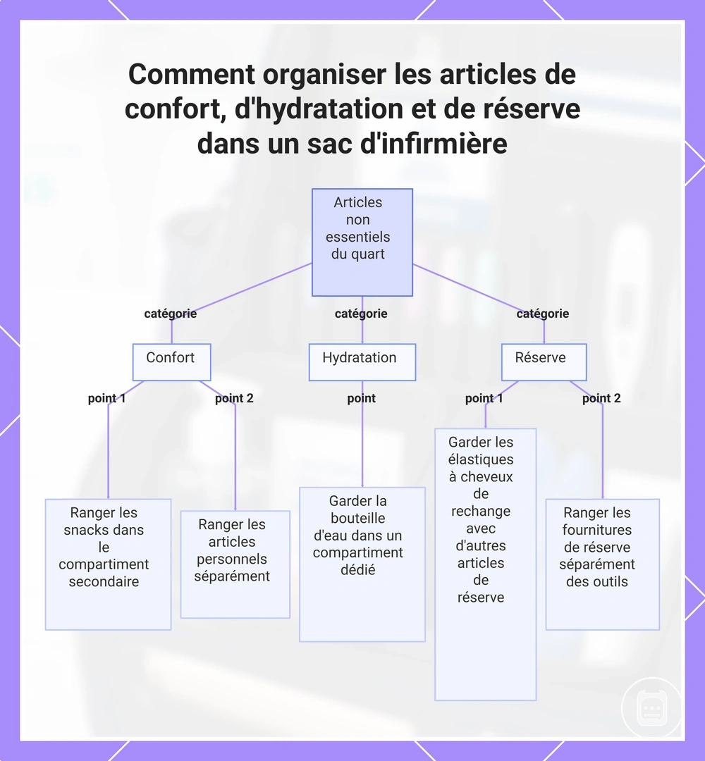 Comment organiser les articles de confort, d'hydratation et de réserve dans un sac infirmier