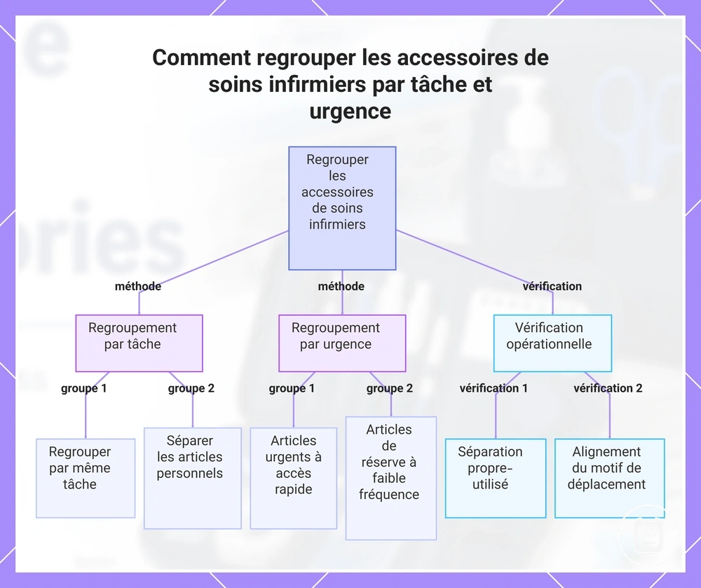 Regroupement des accessoires de soins infirmiers par tâche, urgence et fréquence de déplacement