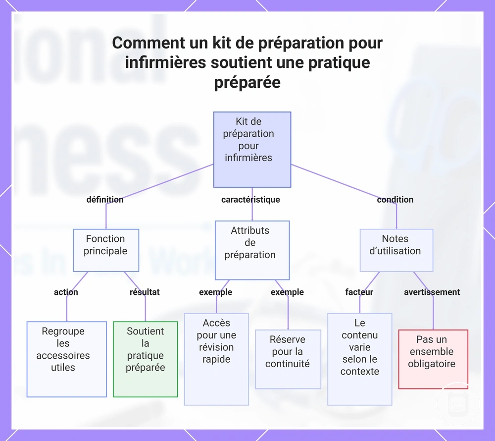 Kit de préparation infirmière organisé selon l’accès, la réserve, l’ajustement, l’hygiène et la portabilité