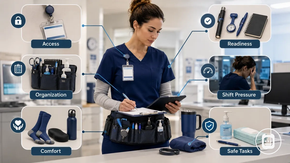 accessoires de soins infirmiers regroupés montrant les fonctions de soutien d accès, d organisation, de confort et de garde