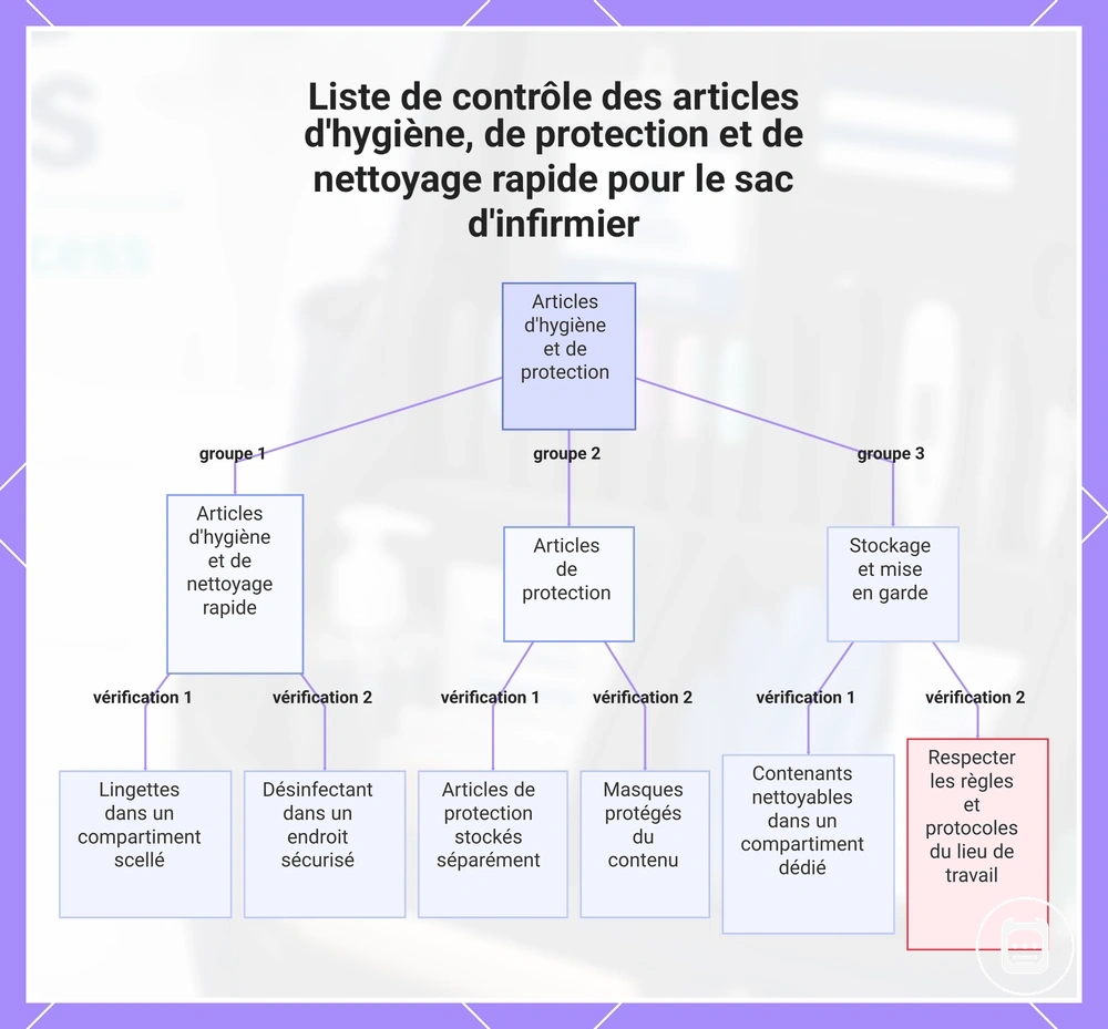 Liste de contrôle des articles d'hygiène, de protection et de nettoyage rapide pour le sac infirmier