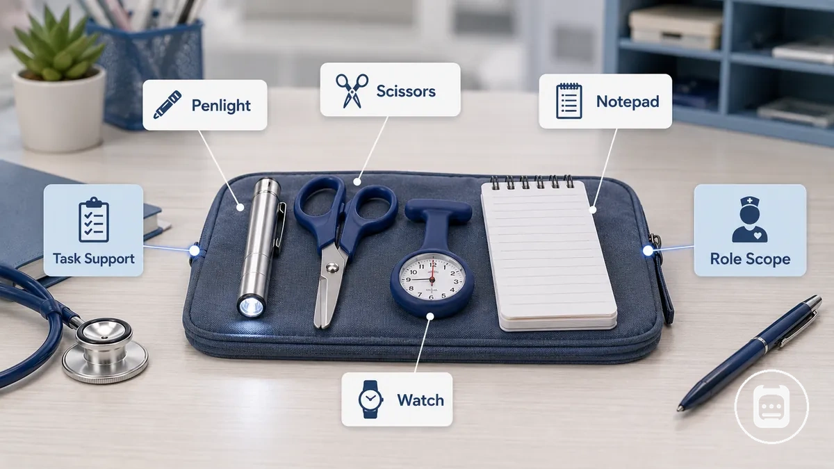 Accessoires d'outils cliniques pour les tâches infirmières rapides incluant lampe-stylo, ciseaux, montre et bloc-notes