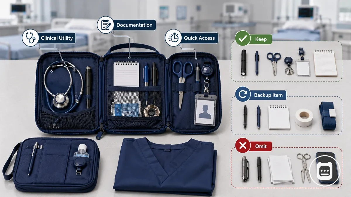 Ferramentas de enfermagem de uso diário organizadas por função e necessidades de acesso em um kit de essenciais