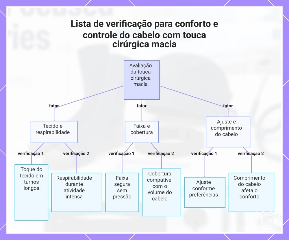 Lista de verificação para conforto e contenção do cabelo com touca cirúrgica macia